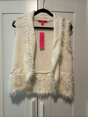 Lilly Pulitzer Cream Faux-Fur Trim Knit Vest